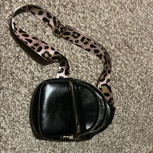 Black Crossbody Bag with Leopard Strap